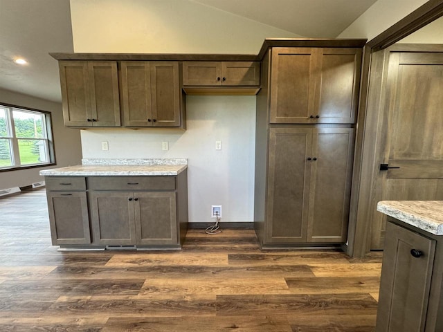 kitchen featuring lofted ceiling, dark wood-type flooring, and light stone counters