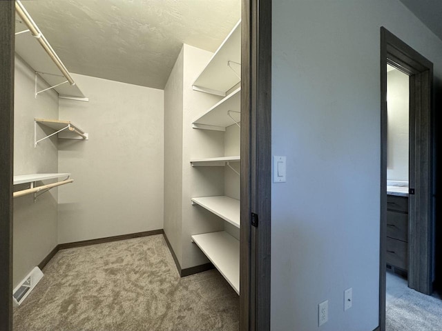 spacious closet featuring light carpet