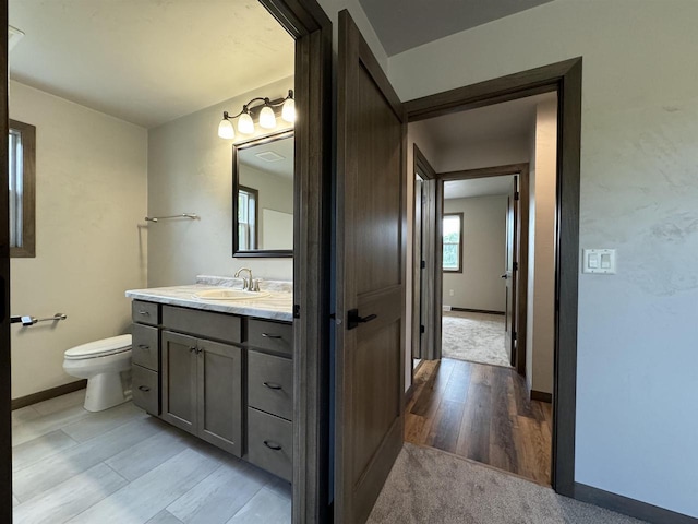 bathroom featuring vanity, wood-type flooring, and toilet