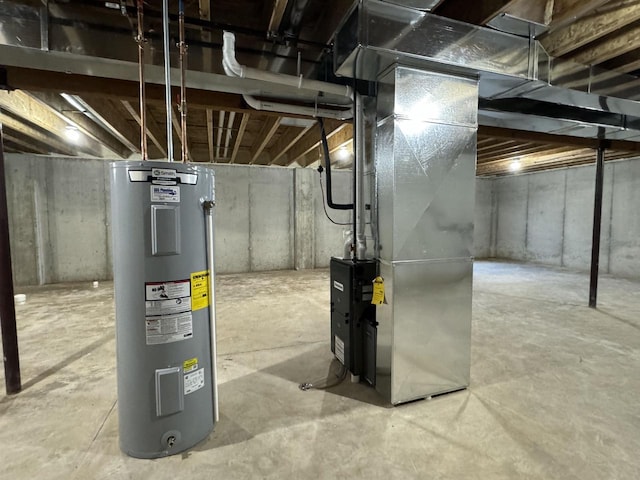 basement with electric water heater and heating unit