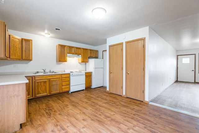 kitchen featuring sink, white appliances, and light hardwood / wood-style flooring