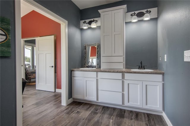 bathroom featuring wood-type flooring, vanity with extensive cabinet space, and dual sinks