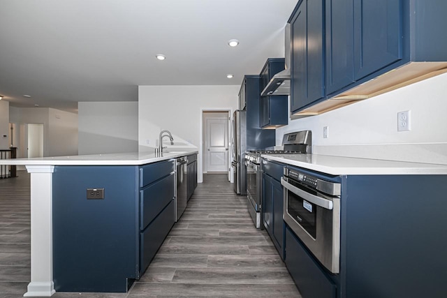 kitchen featuring appliances with stainless steel finishes, blue cabinets, sink, and dark hardwood / wood-style flooring