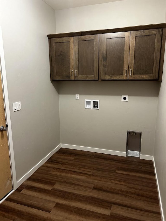 clothes washing area featuring hookup for a washing machine, cabinets, hookup for an electric dryer, and dark hardwood / wood-style flooring