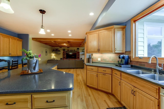 3310 Saracen Way, Verona, WI 53593 - kitchen with dark countertops, light wood-style floors, recessed lighting, open floor plan, and backsplash