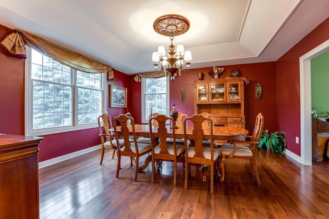 3310 Saracen Way, Verona, WI 53593 - dining space with a chandelier, a tray ceiling, and wood-type flooring