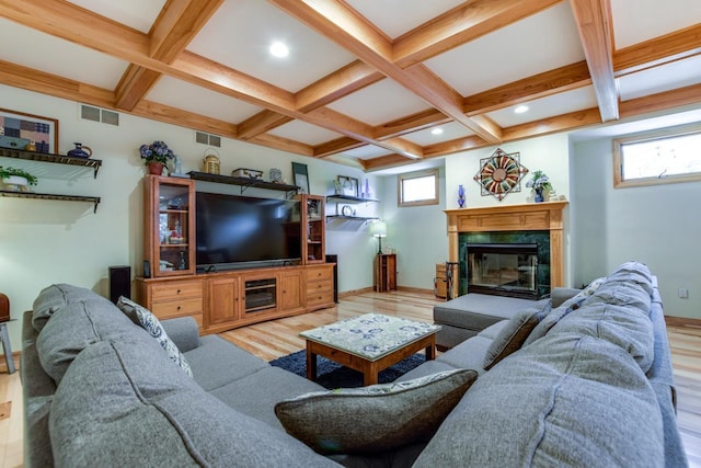 3310 Saracen Way, Verona, WI 53593 - living room with light wood-style floors, beamed ceiling, coffered ceiling, a premium fireplace, and recessed lighting