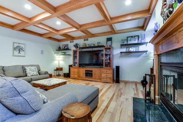 3310 Saracen Way, Verona, WI 53593 - living room with a tile fireplace, light wood-style flooring, coffered ceiling, beamed ceiling, and recessed lighting