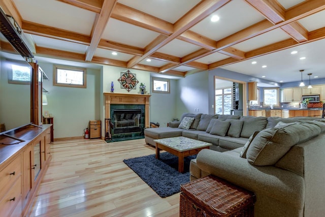 3310 Saracen Way, Verona, WI 53593 - living area featuring light wood-type flooring, beamed ceiling, a fireplace, coffered ceiling, and plenty of natural light