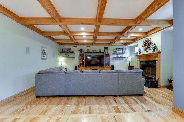 3310 Saracen Way, Verona, WI 53593 - living room featuring wood finished floors, a premium fireplace, coffered ceiling, beamed ceiling, and recessed lighting