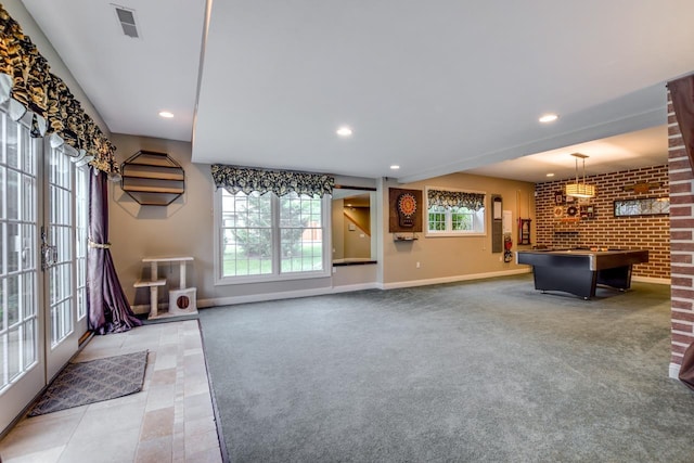 3310 Saracen Way, Verona, WI 53593 - unfurnished living room featuring brick wall, recessed lighting, carpet flooring, billiards table, and tile patterned floors
