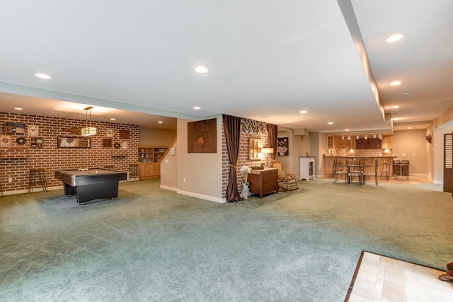 3310 Saracen Way, Verona, WI 53593 - playroom featuring brick wall, bar, recessed lighting, carpet flooring, and billiards