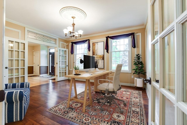 3310 Saracen Way, Verona, WI 53593 - home office featuring french doors, a chandelier, wood finished floors, and ornamental molding