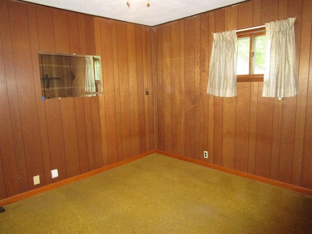 empty room featuring carpet flooring and wooden walls