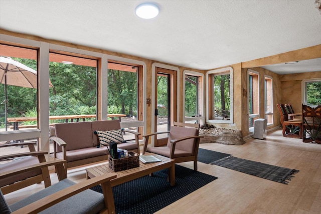 interior space featuring plenty of natural light, hardwood / wood-style floors, and a textured ceiling