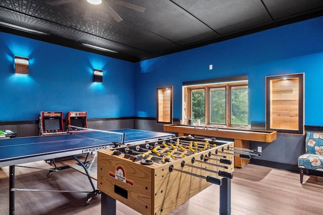 game room with ceiling fan and hardwood / wood-style flooring