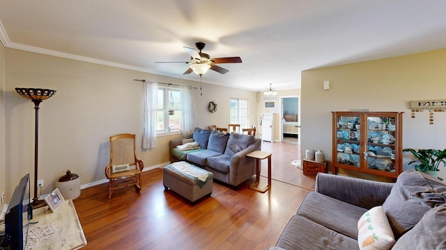 living room featuring wood-type flooring, ceiling fan, and crown molding