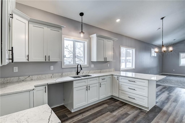 kitchen featuring plenty of natural light, pendant lighting, and dark hardwood / wood-style floors