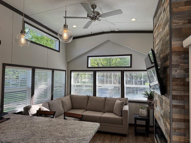 living room featuring dark hardwood / wood-style floors, high vaulted ceiling, ceiling fan, and plenty of natural light