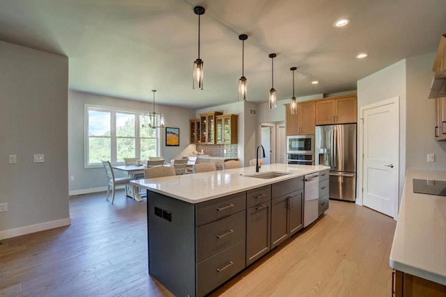 kitchen with pendant lighting, a center island with sink, stainless steel appliances, and sink