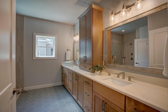 bathroom with tile floors and dual vanity