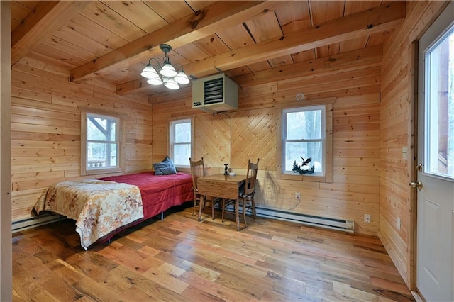 bedroom featuring wooden ceiling, wood-type flooring, wooden walls, and beam ceiling