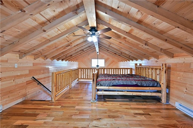 unfurnished bedroom featuring wood walls, wooden ceiling, and light wood-type flooring