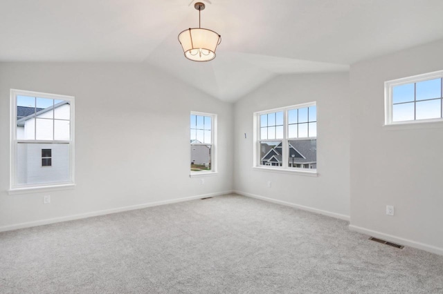 spare room with carpet, a healthy amount of sunlight, and lofted ceiling