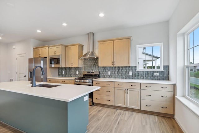 kitchen with wall chimney range hood, sink, an island with sink, light hardwood / wood-style floors, and stainless steel appliances