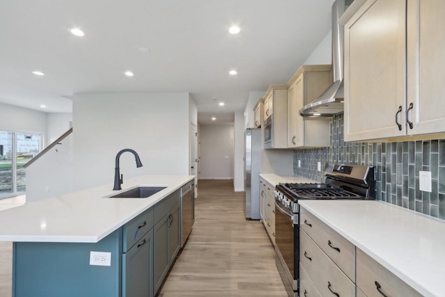 kitchen with sink, wall chimney range hood, tasteful backsplash, a center island with sink, and appliances with stainless steel finishes