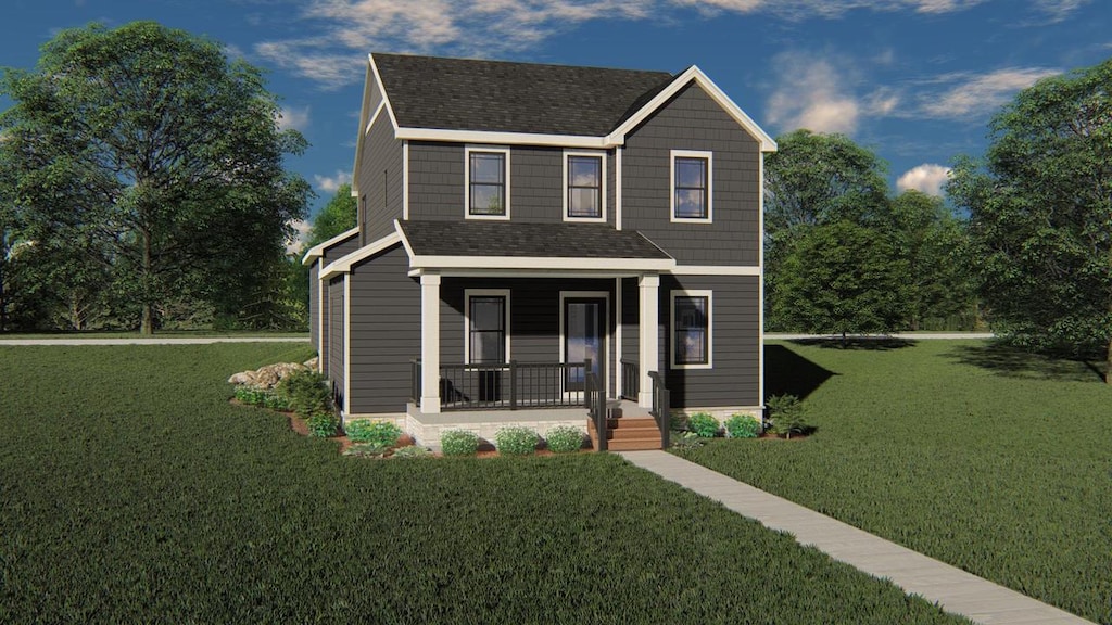 view of front facade featuring covered porch and a front lawn