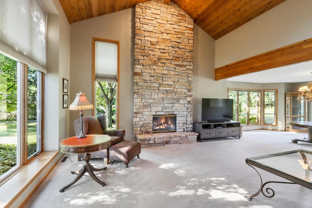 living room with carpet floors, high vaulted ceiling, wooden ceiling, and a fireplace