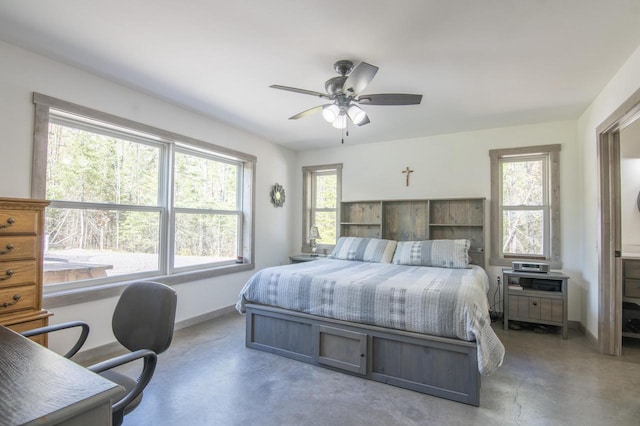 bedroom featuring ceiling fan and concrete floors