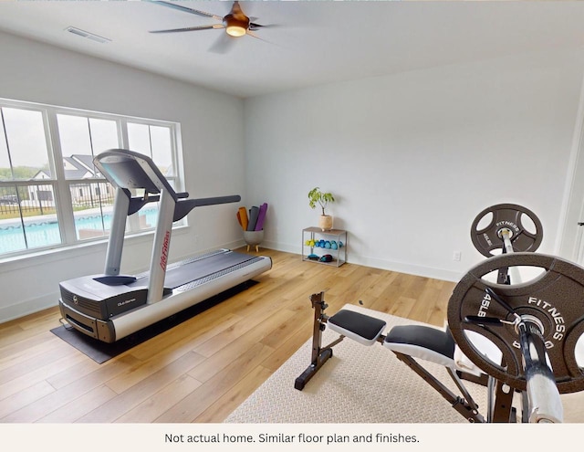 exercise area with ceiling fan and light hardwood / wood-style flooring