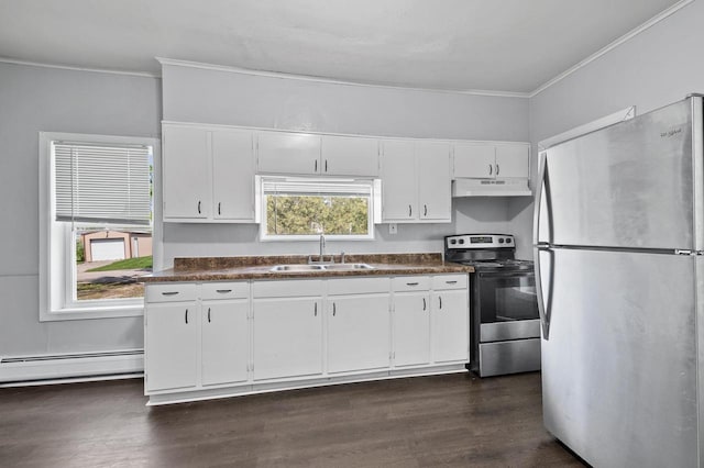 kitchen with dark hardwood / wood-style floors, white cabinetry, stainless steel appliances, and sink