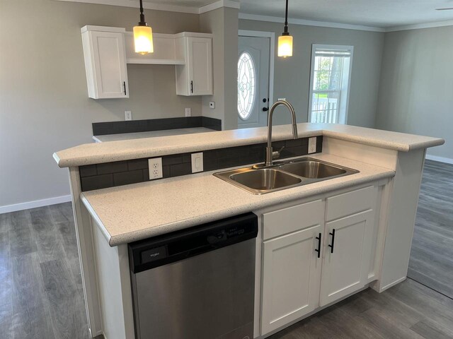 409 S Linden St, Adams, WI 53910 - kitchen with dark hardwood / wood-style floors, stainless steel dishwasher, pendant lighting, sink, and white cabinetry