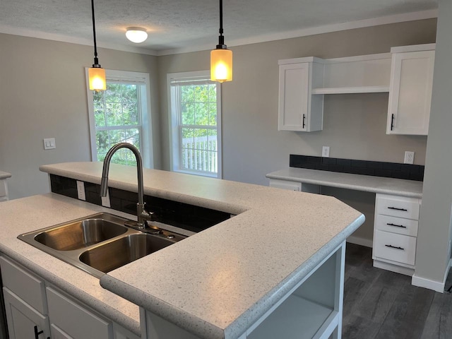 409 S Linden St, Adams, WI 53910 - kitchen featuring an island with sink, decorative light fixtures, dark hardwood / wood-style flooring, sink, and white cabinets