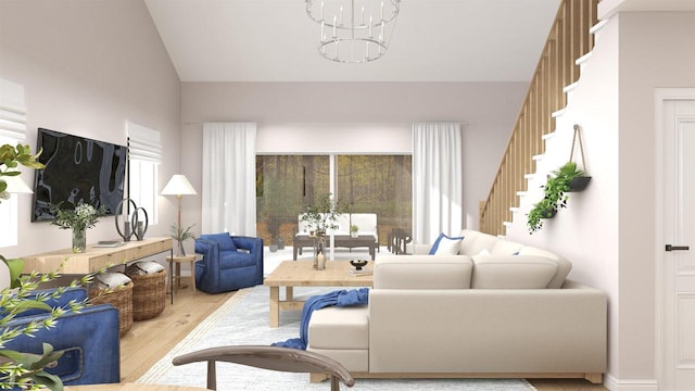 living room featuring vaulted ceiling, a notable chandelier, and light wood-type flooring