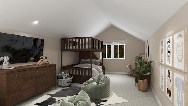 carpeted bedroom featuring vaulted ceiling