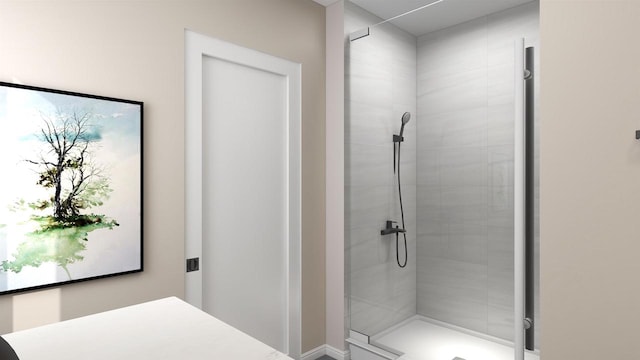 bathroom featuring a shower with shower door