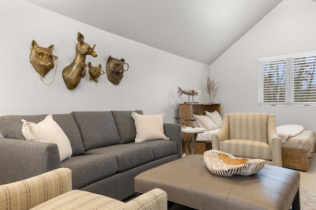 living room featuring lofted ceiling