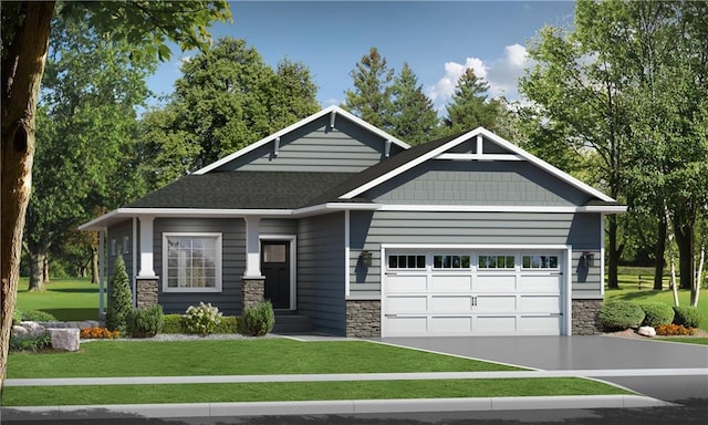 craftsman-style home featuring a shingled roof, concrete driveway, an attached garage, a front yard, and stone siding