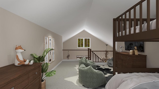 carpeted bedroom with lofted ceiling