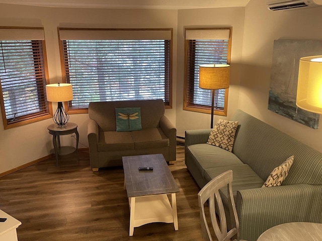 living room featuring dark wood-type flooring and a wall mounted air conditioner