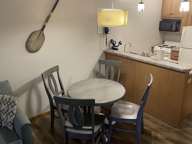 dining space featuring sink and dark hardwood / wood-style flooring