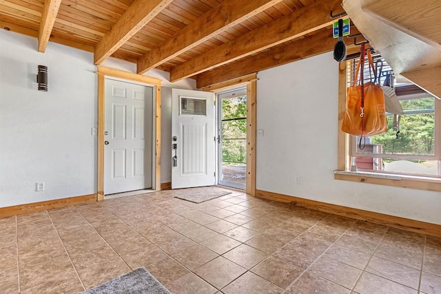 interior space featuring beam ceiling and wooden ceiling