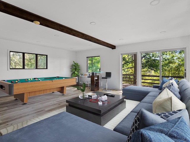 game room featuring a wealth of natural light, beamed ceiling, light wood-type flooring, and pool table