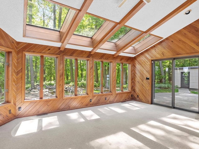 unfurnished sunroom featuring lofted ceiling with skylight