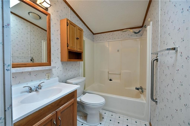 full bathroom featuring toilet, tile flooring, large vanity, bathing tub / shower combination, and a textured ceiling