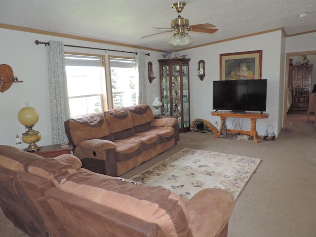 living room with carpet, ceiling fan, and crown molding